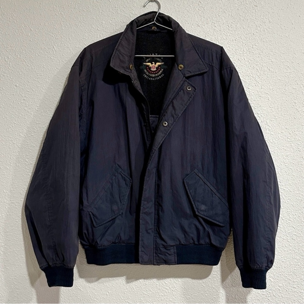 vintage aviator bomber jacket dark navy blue zip up